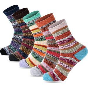 Wool Socks for Women, 5 Pairs Winter Warm Thick Crew Knit Socks Vintage Cozy